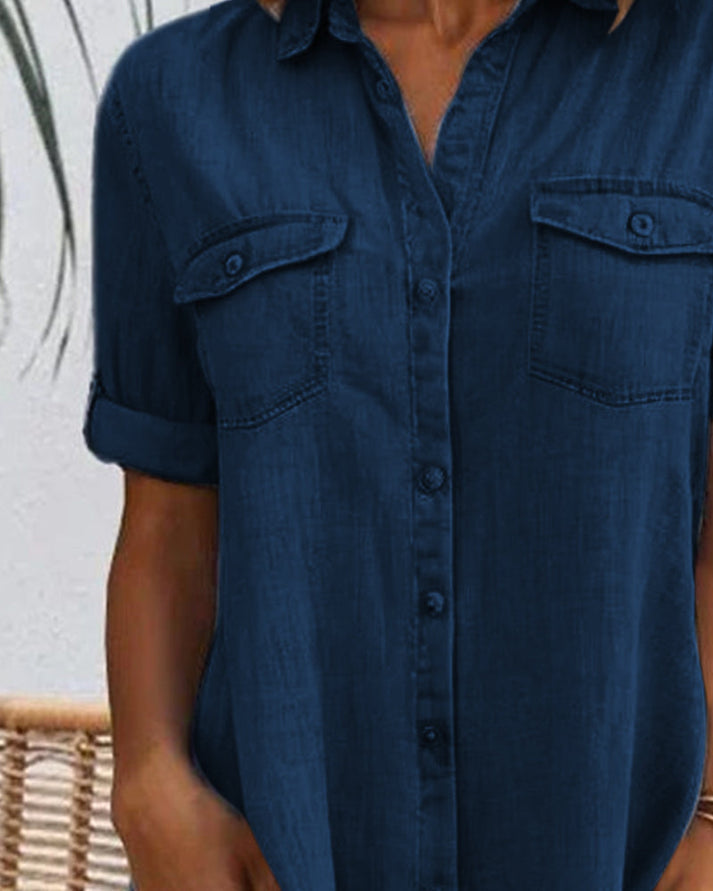 Sveta Kurzärmeliges Denim-Kleid mit Knopfleiste