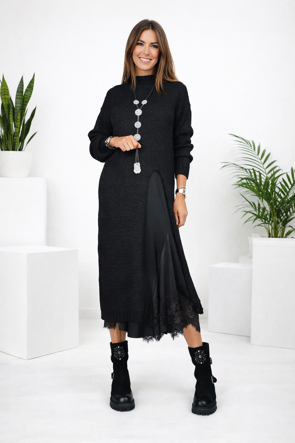 Valérie | Satin-Maxikleid & Feinstrickpullover Set
