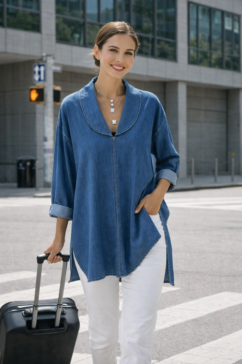 Ava | Retro Denim Top mit Schalkragen