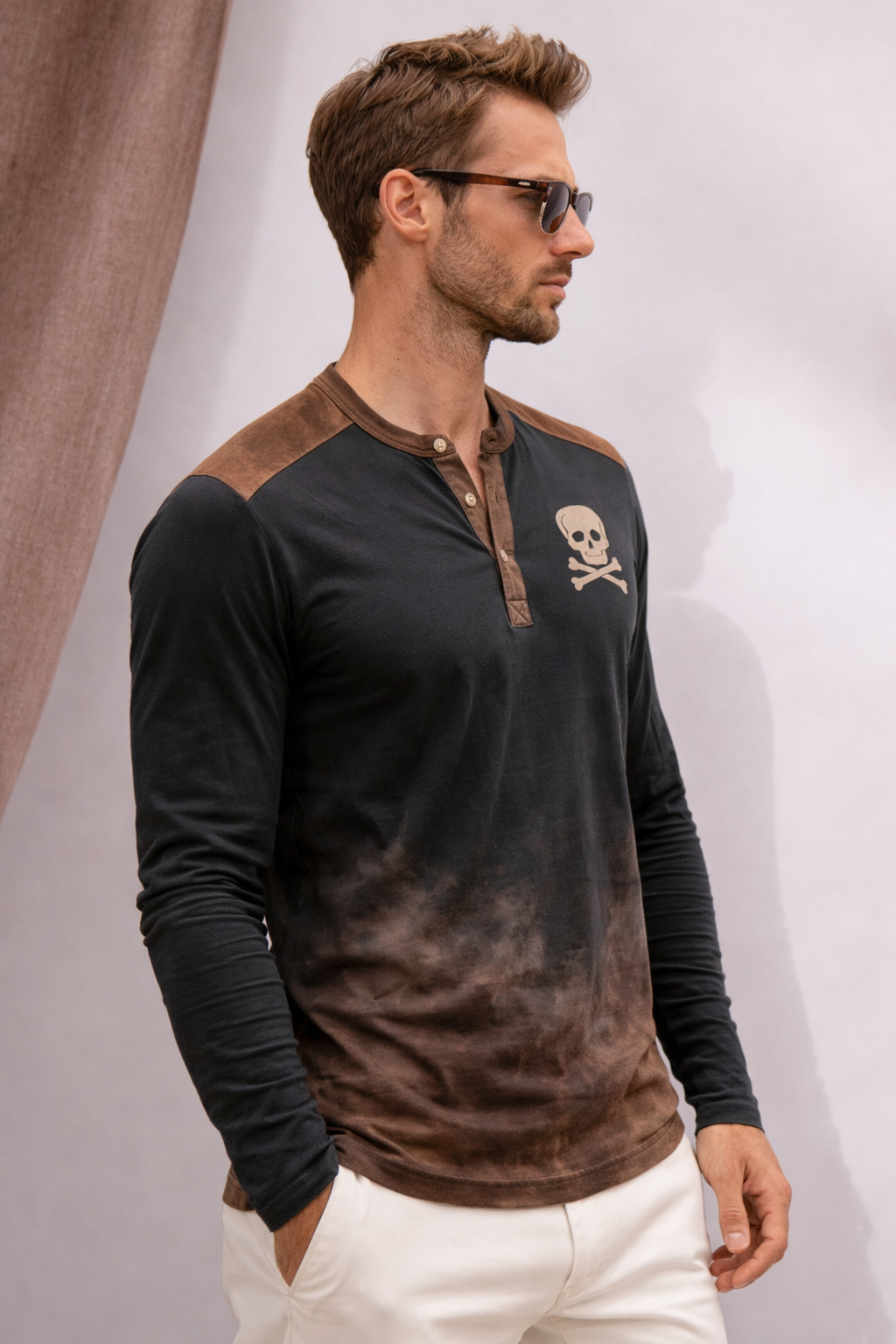Lässiges Henley-Langarm-T-Shirt mit Muster