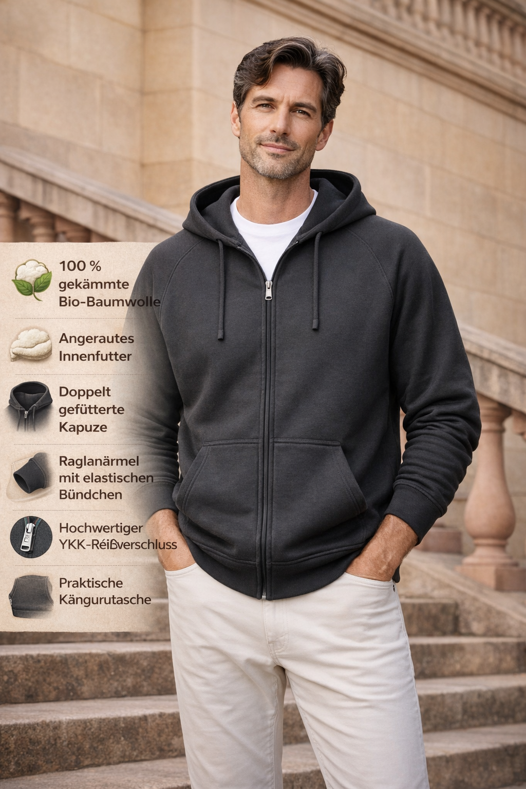 Orleane | Neutral - Herren Kapuzensweatjacke