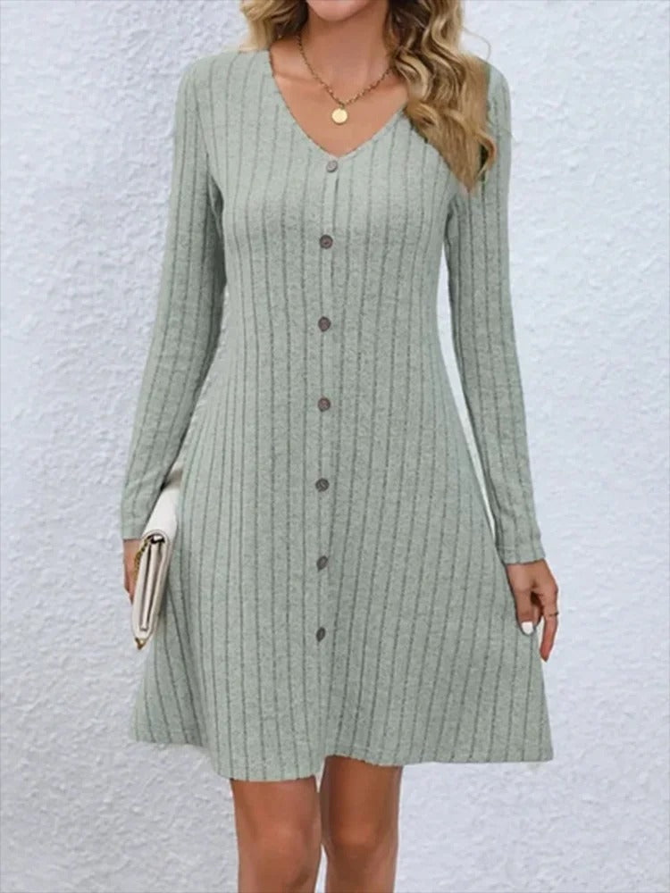 V-Ausschnitt Knopfleiste Kleid