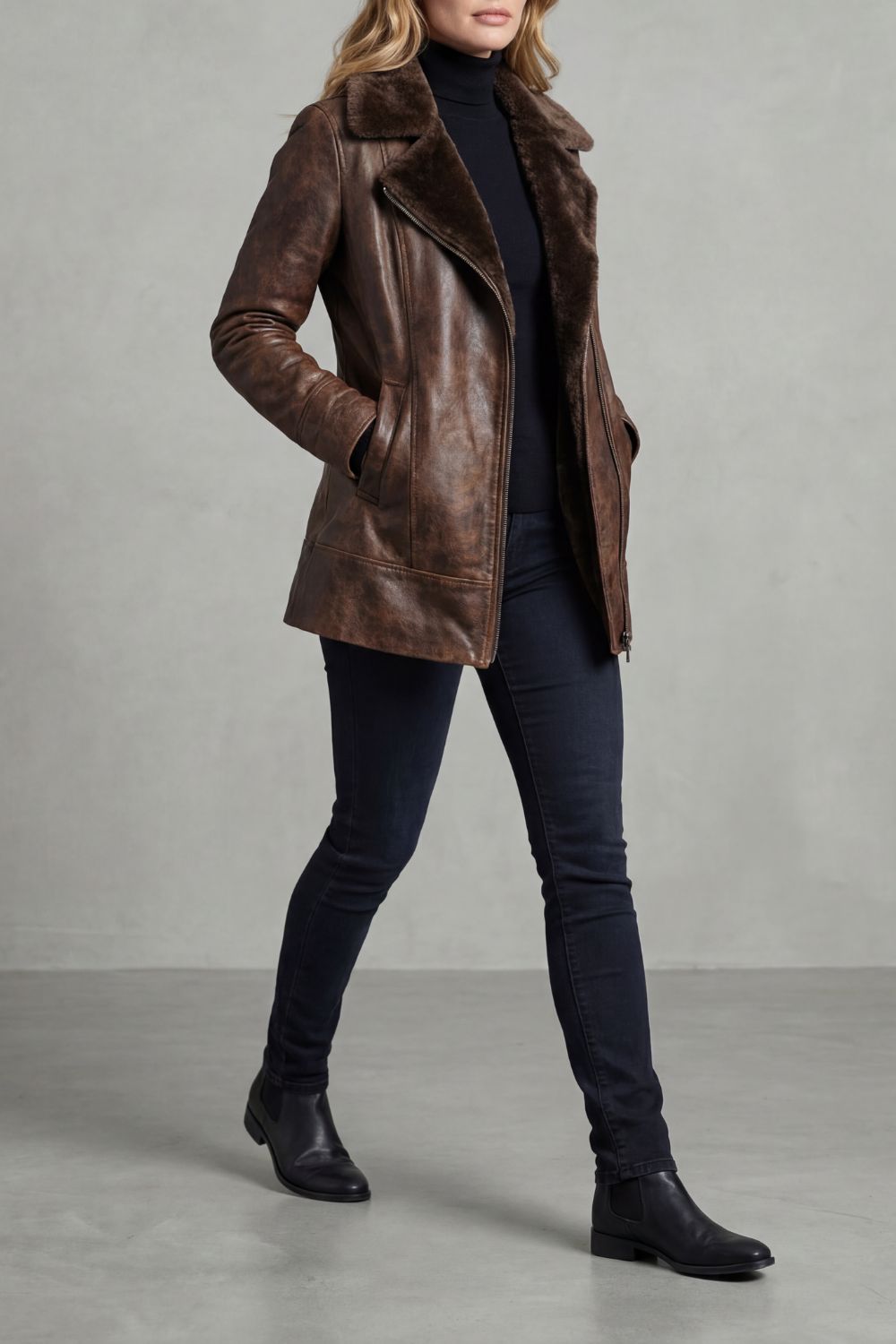 Ravella | Lederjacke mit Lammfellkragen