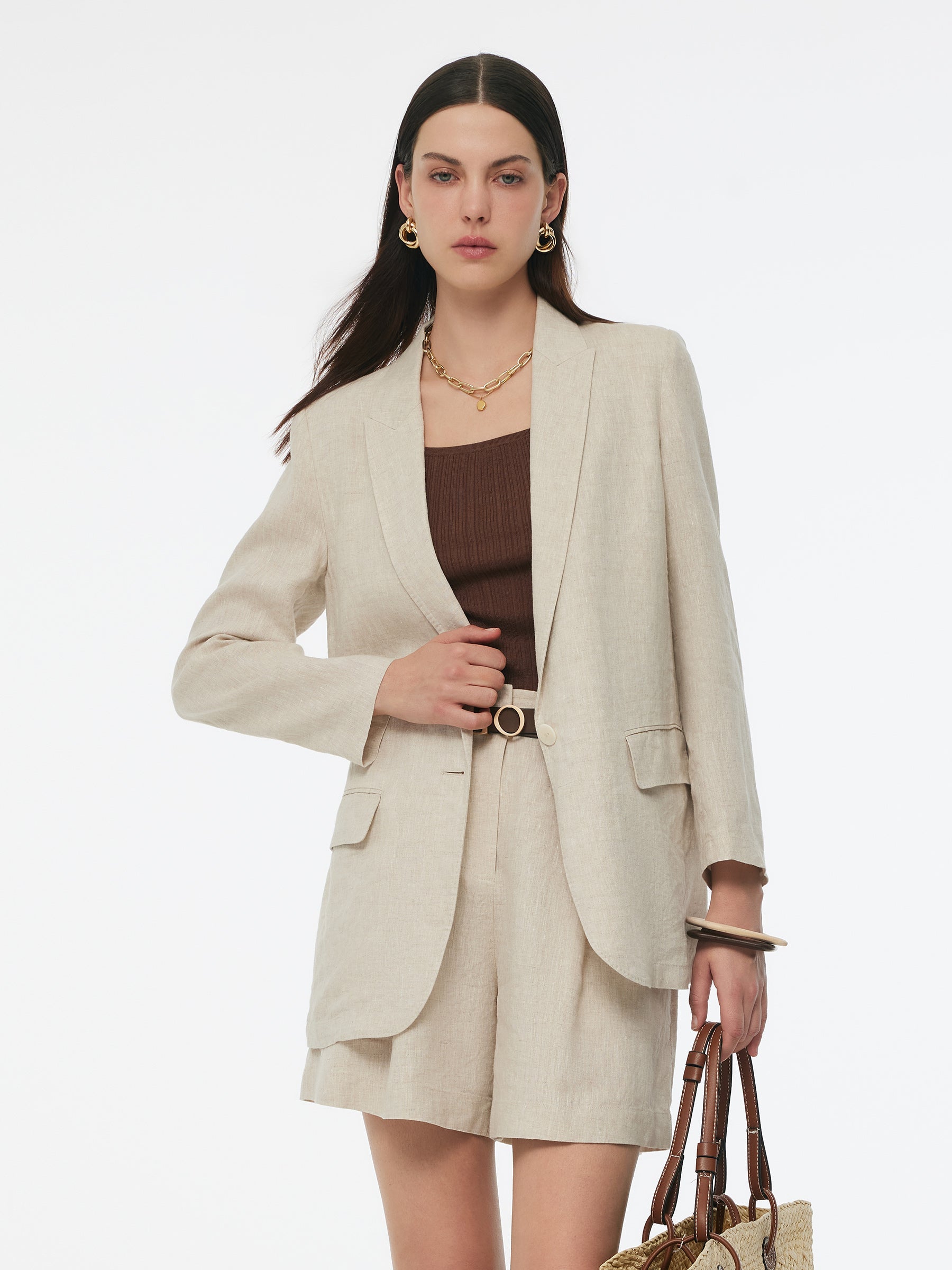 100% Leinen Damenjacke mit Schlitz hinten und einem Knopf