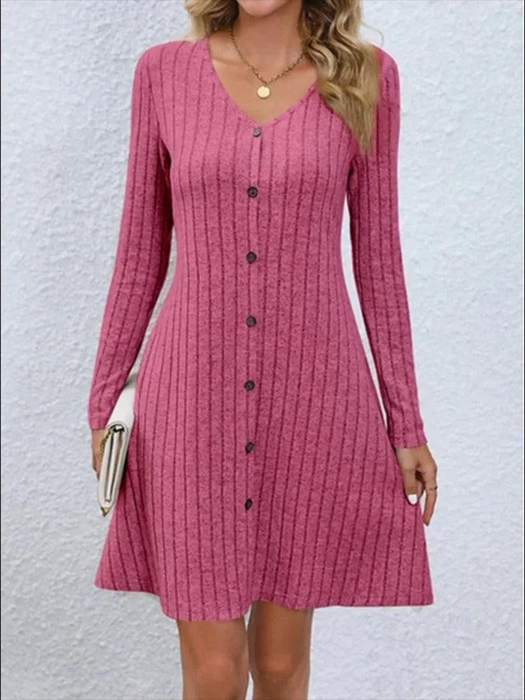 V-Ausschnitt Knopfleiste Kleid