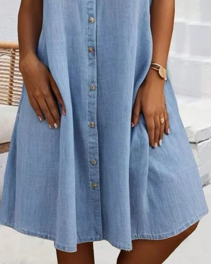 Sveta Kurzärmeliges Denim-Kleid mit Knopfleiste