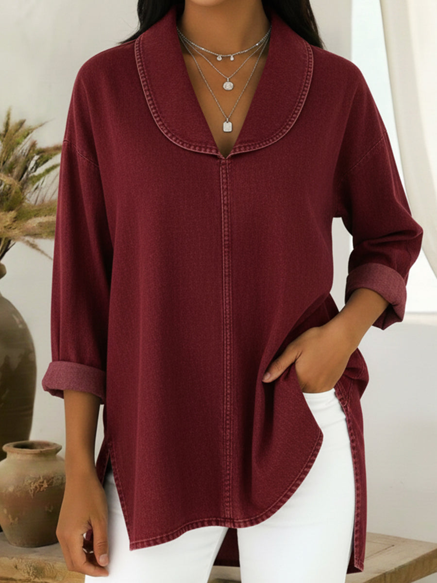 Gaetanaa | Retro Jeans Bluse Mit Schalkragen